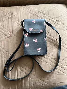 kate spade black crossbody phone bag with pink and white floral print